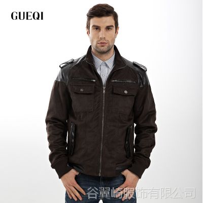 GUEQI男装加大夹克批发 2015新款外套 麂皮立领夹克 时尚拼接上衣