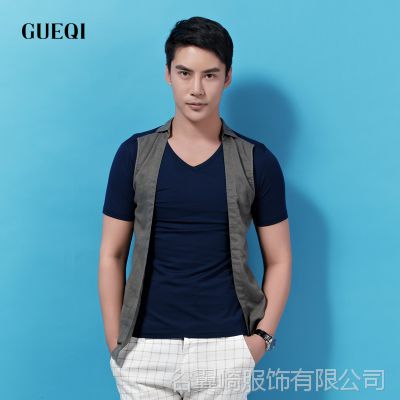 GUEQI 2015夏新款男士上衣 欧美时尚两件V领青年短袖T恤直销