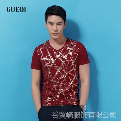 GUEQI 2015夏新款男士 北欧品味T恤 V领印花青年上衣 G8537